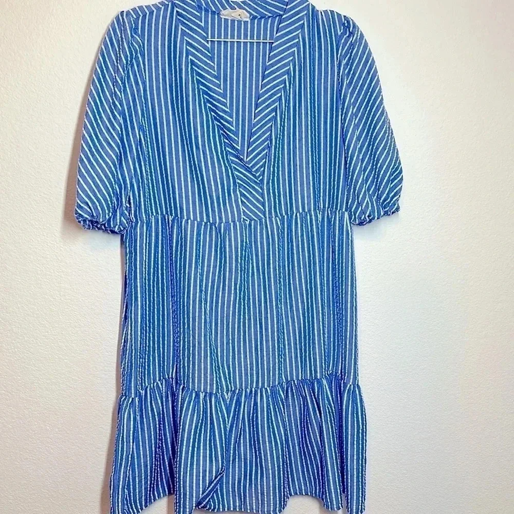 52SEVEN Blue & White Striped Coastal Seersucker Puffed Sleeve Dress Medium - Picture 1 of 10